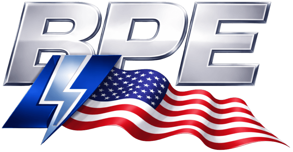 BPE logo with silver 3D letters, a blue lightning bolt, and a waving American flag motif