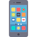 Blue-gray smartphone showing a home screen with a grid of bright app icons for quick access to apps and features.